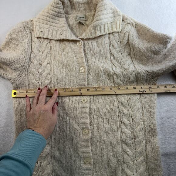 LL Bean L Large Cardigan Sweater Ivory Wool Blend Fisherman Cable Knit Grandma - Picture 7 of 10